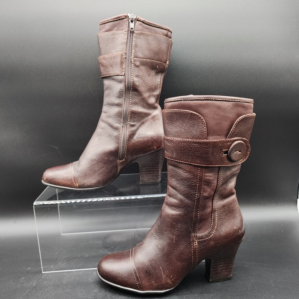 Born 6.5 Brown Leather Mid Calf Boots W6449 Button Strap Boho Western Heel Boots